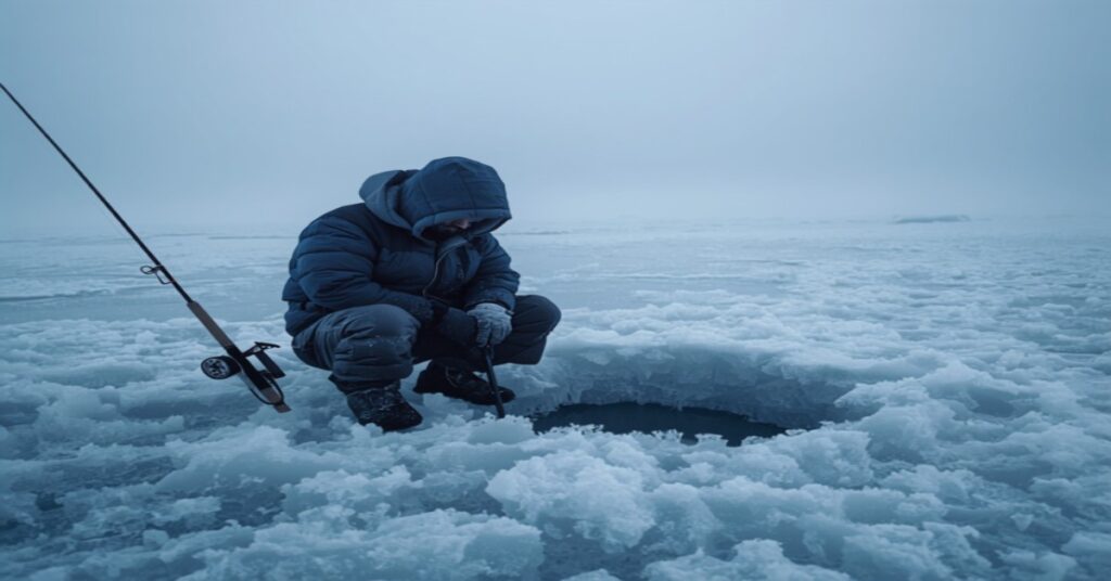 Angler drilling an ice fishing hole